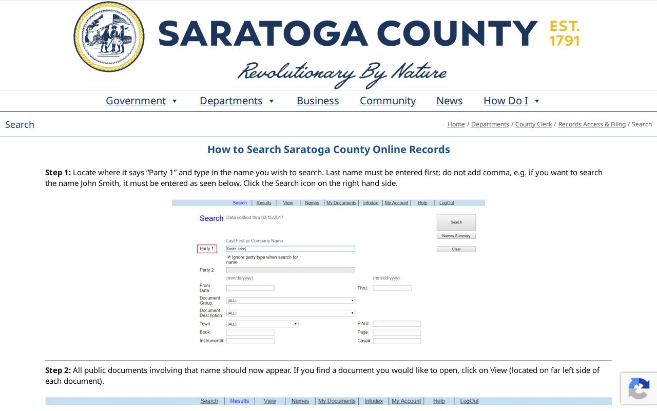 Saratoga County street directory County Clerk SearchIQS instructions